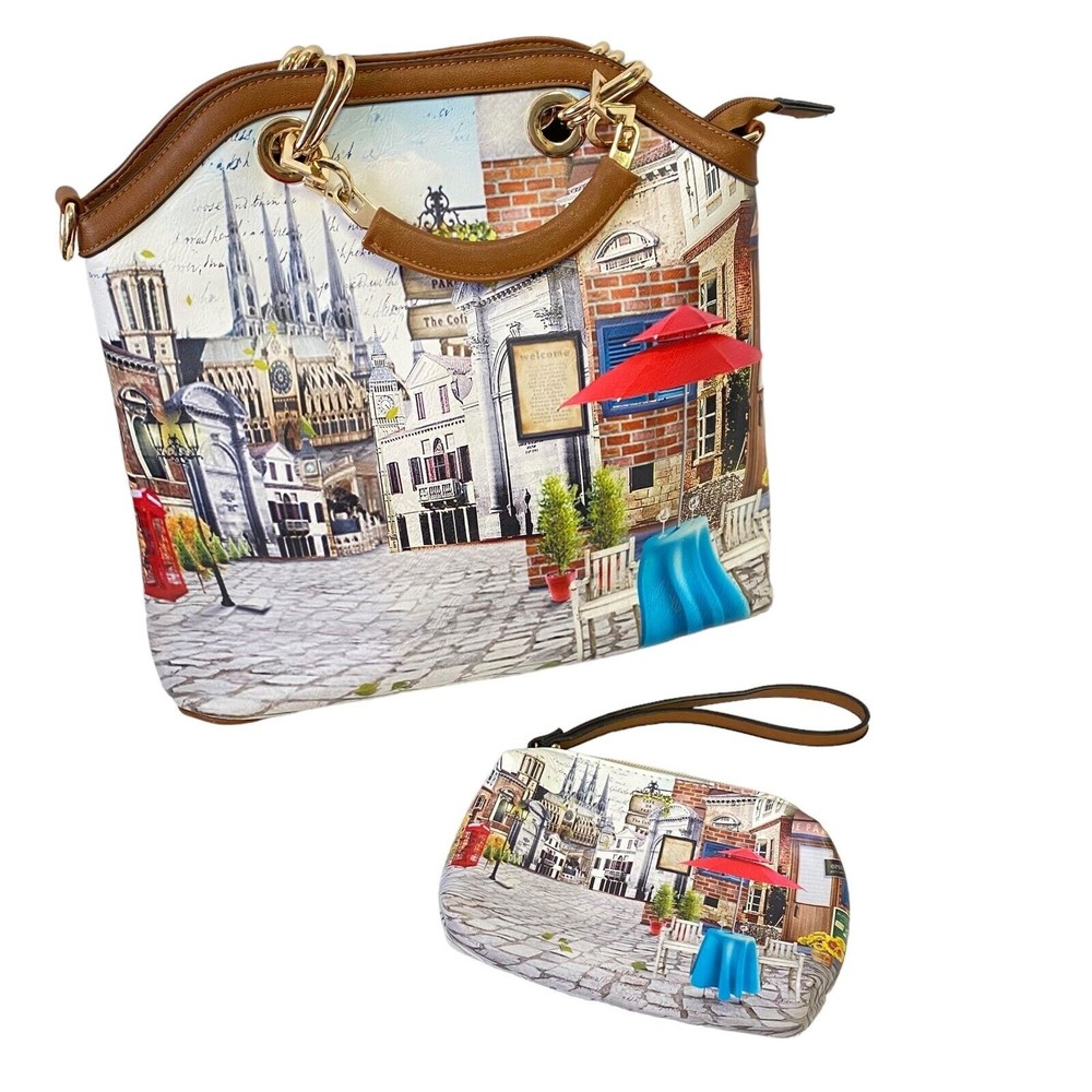 Realer Paris Cafe Theme Double Top Handle Purse Tote Handbag & Wristlet Clutch